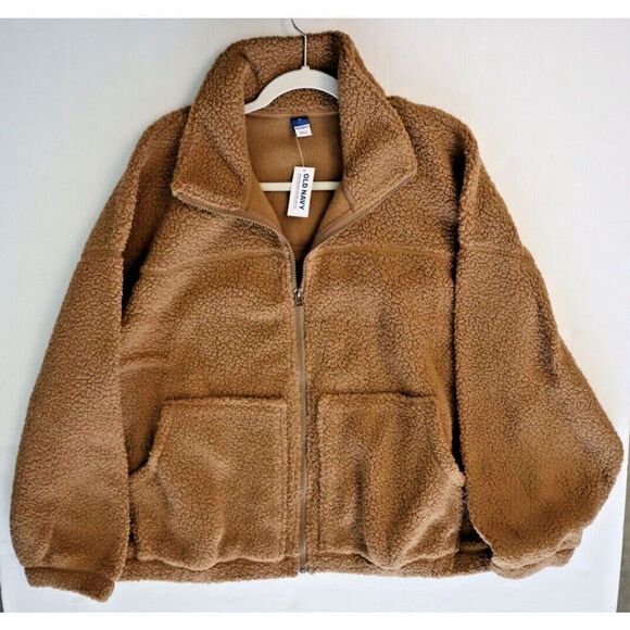 Old Navy Women's Sz XL Braised Tofu Brown Slouchy Sherpa Full Zip Jacket - Picture 5 of 6